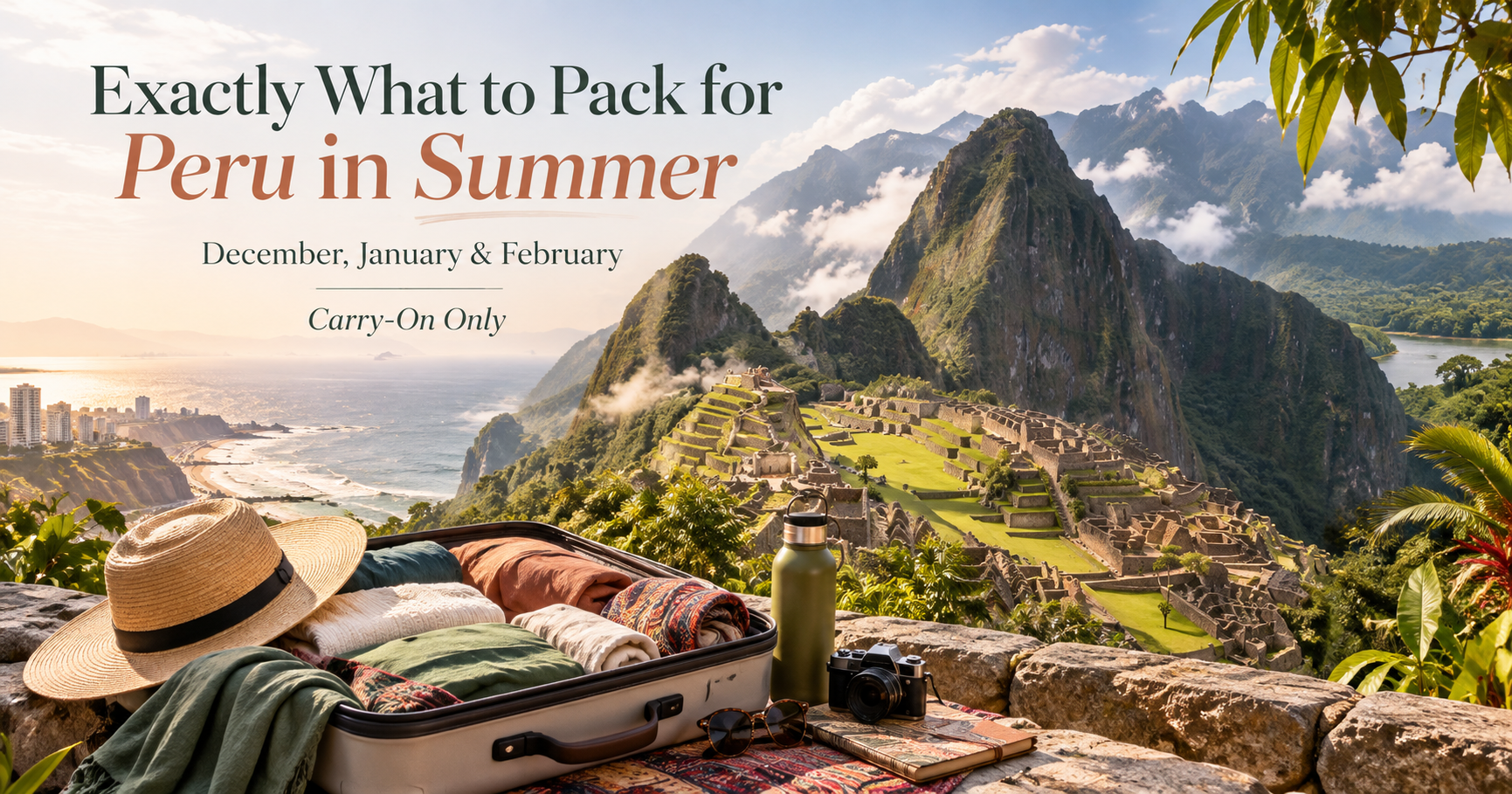 Peru summer packing guide featuring Machu Picchu, Lima's coastline, and an open carry-on suitcase with travel essentials.